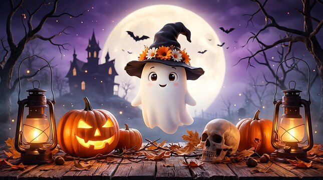 Cute ghost wearing a flower witch hat with pumpkins at night for halloween