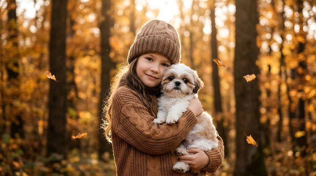 Little girl hugging her cute fluffy puppy in a beautiful autumn forest