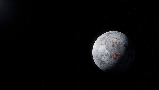 a small icy dwarf planet with a pale frosted surface and subtle reddish patches, lit by a distant faint sun from one side, deep black space background