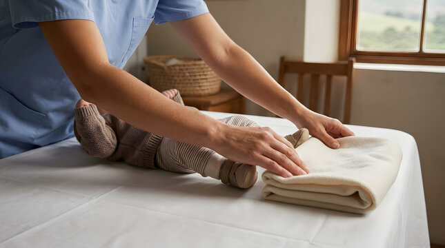 Healthcare worker folding a light colored blanket on a white surface
