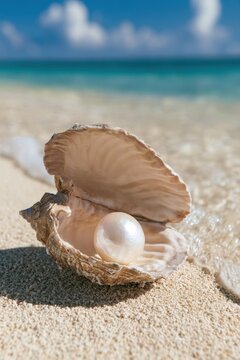 Exquisite Natural Pearl Resting Inside An Open Seashell On A Soft White Sandy Beach With Gentle Ocean Waves And Turquoise Water In The Background Under A Bright Sunny Sky Representing Pure Beauty