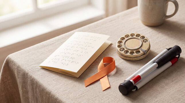 A Braille volunteer leaflet, tactile telephone dial, white cane and orange ribbon symbolize connected accessibility support for World Braille Day campaigns.