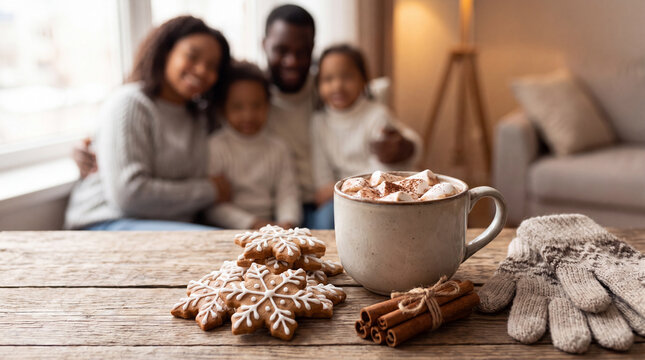 A ceramic mug of hot cocoa with marshmallows, gingerbread snowflakes and wool gloves on a table conveys cozy winter holiday spirit for Hot Cocoa Day banners.