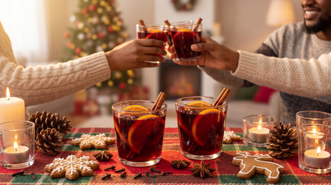 An overhead festive Christmas mulled wine setup with two glasses, orange slices and gingerbread on a tablecloth celebrates winter family joy for holiday posters.