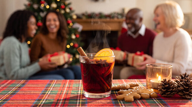 A steaming glass of Christmas mulled wine with orange, cinnamon and gingerbread on a red-green tablecloth captures warm winter celebration for holiday promotions.