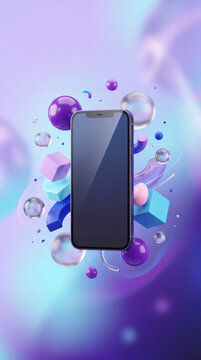 Modern 3D Smartphone Mockup with Floating Abstract Geometric Shapes and Colorful Gradient Background