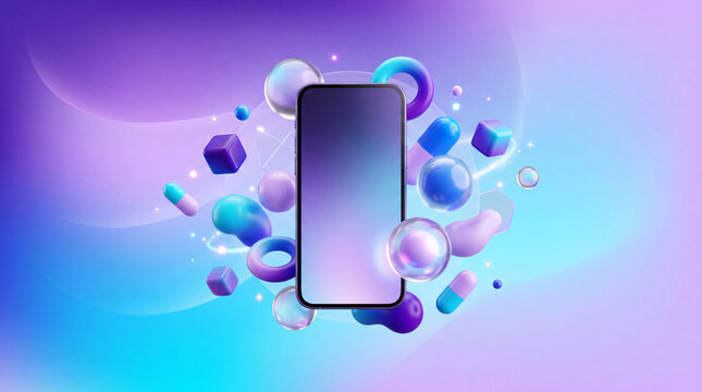 Modern 3D Smartphone Mockup with Colorful Abstract Floating Geometric Shapes and Gradient Background