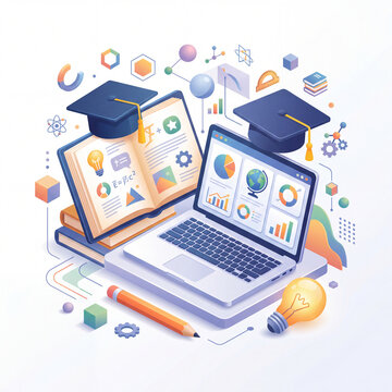 Isometric Online Education and E-Learning Illustration with Laptop, Open Books and Graduation Caps