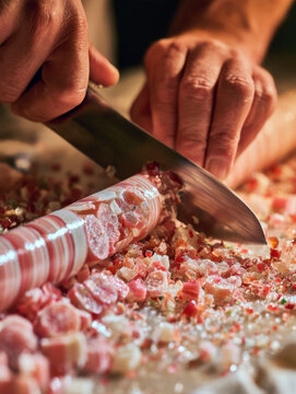close up shot of a chef hands slicing traditional gourmet sausage with a sharp kitchen knife on a wooden board covered with colorful minced ingredients and spices