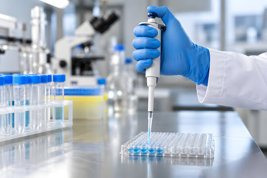 Gloved hand using a micropipette above a laboratory microplate