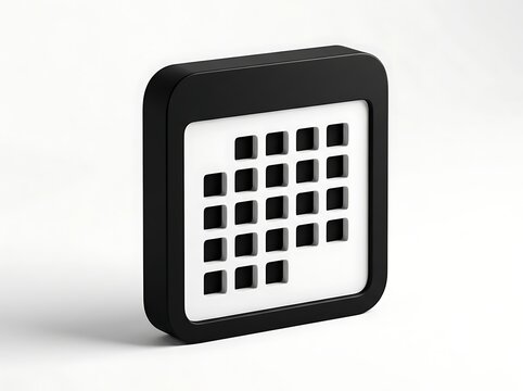 Three dimensional black calendar icon with a white grid face, isolated on a clean white background, minimalist isometric
