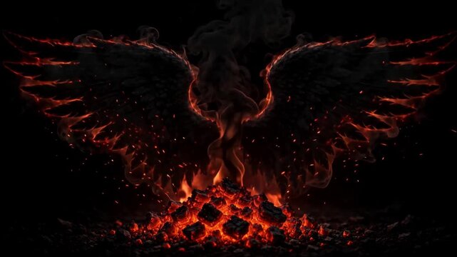 Dark Fantasy Burning Wings Logo Reveal with Fire Sparks and Smoke