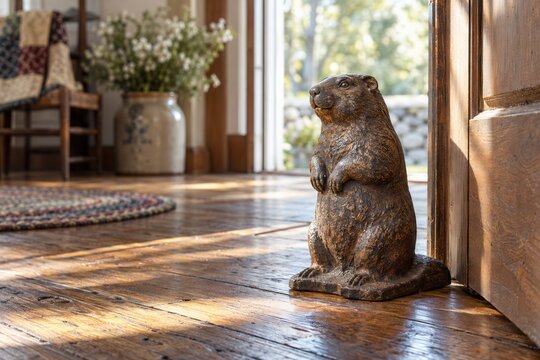 A decorative groundhog statue sits as a doorstop on rustic hardwood floors to welcome the spirit of Groundhog Day into this cozy home.