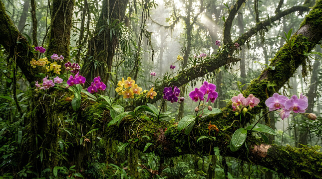 Colorful wild orchid flowers blooming on a tree branch deep inside a misty tropical rain forest