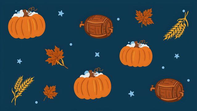 A seamless autumn pattern featuring orange pumpkins, brown wooden barrels, golden wheat stalks, and maple leaves on a dark blue background