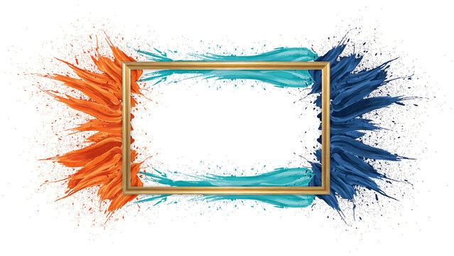 Empty golden rectangular frame surrounded by vibrant orange and blue paint splashes isolated on a clean white background, for copy space