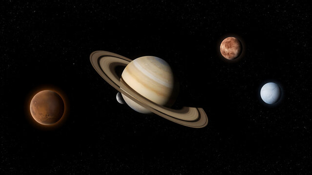 Saturn with its prominent rings surrounded by smaller planetary bodies in deep space, featuring a dark starry background, and realistic lighting