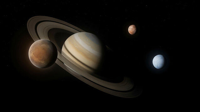Saturn with its rings and two smaller moons floating in the dark expanse of space, set against a vast background, of distant twinkling stars