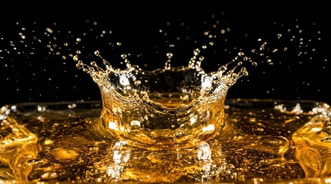 Close-up of golden liquid splashing upwards forming a crown shape against a dark background.