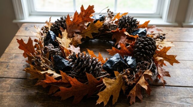 Handcrafted autumn wreath featuring dried oak leaves pinecones and black obsidian stones on rustic wooden indoor table.