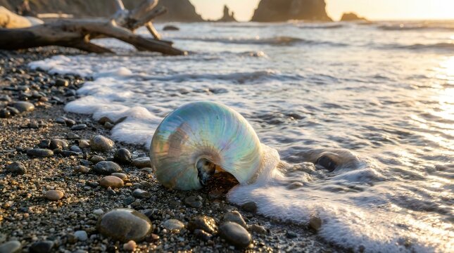 Nautilus shell rests on wet beach pebbles as ocean waves gently lap shore during golden hour.