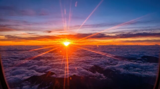 stunning sunrise over a sea of clouds with mountains and bright sun rays seen from airplane window.
