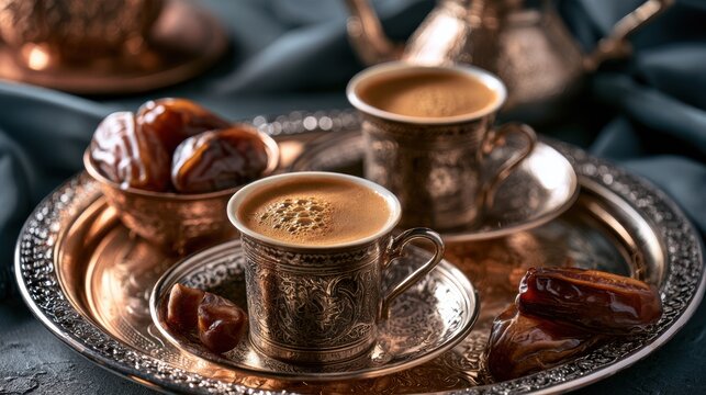 Arabic coffee in ornate silver cups with dates on a silver tray