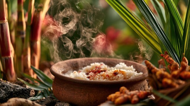 Steaming clay pot of Pongal rice surrounded by sugarcane stalks