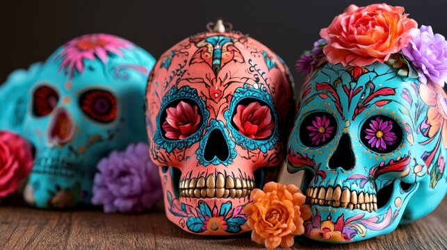 Colorful decorated sugar skulls with flowers, Day of the Dead