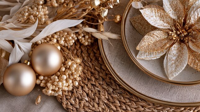 Festive table arrangement with gold ornaments and dried flowers on a woven mat