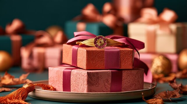 Stacked pink gift boxes with a golden rakhi on top