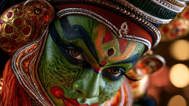 Kathakali dancer with elaborate green and red face makeup, close up