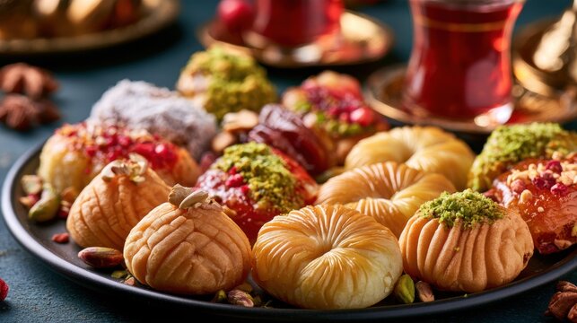 Maamoul and festive sweets on a platter with tea glasses