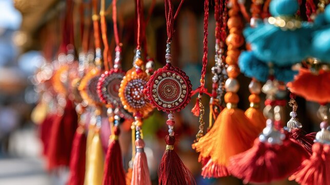 Market stall with colorful hanging rakhi bracelets and tassels