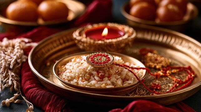 Puja thali with rakhi, rice, kumkum and a small diya