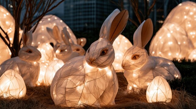 Glowing rabbit-shaped lanterns lit at night