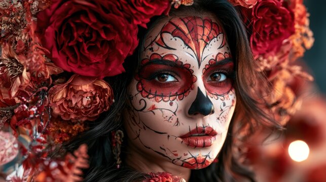 Woman with red Day of the Dead face paint and flower crown