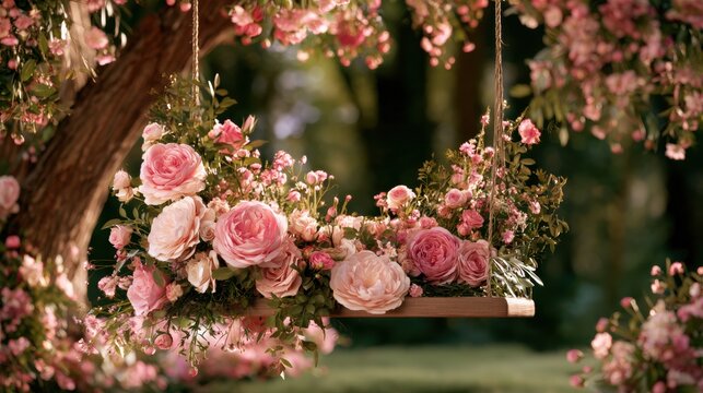 Wooden swing decorated with pink roses hanging from a tree