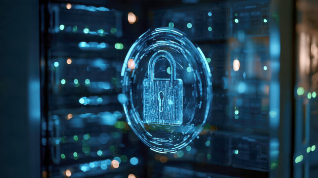 futuristic cyber security concept featuring a glowing digital padlock icon floating inside a high tech server room with binary data streams and secure encryption network protection